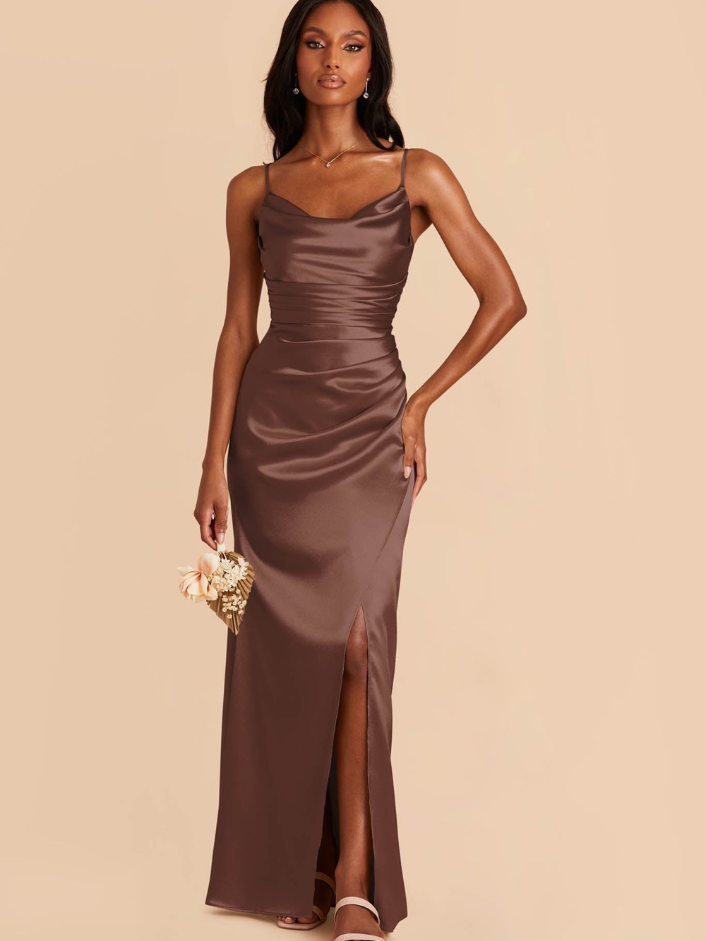 NWT Birdy Grey Lydia Shiny Satin Gown L Chocolate Brown Bridesmaid Maxi Dress
